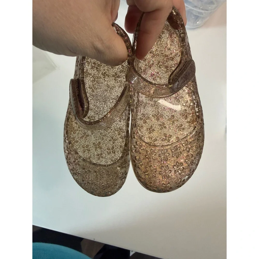 Girls Jelly Mary Jane Flats Glitter Floral Cutout Sparkle Shoes Size 6